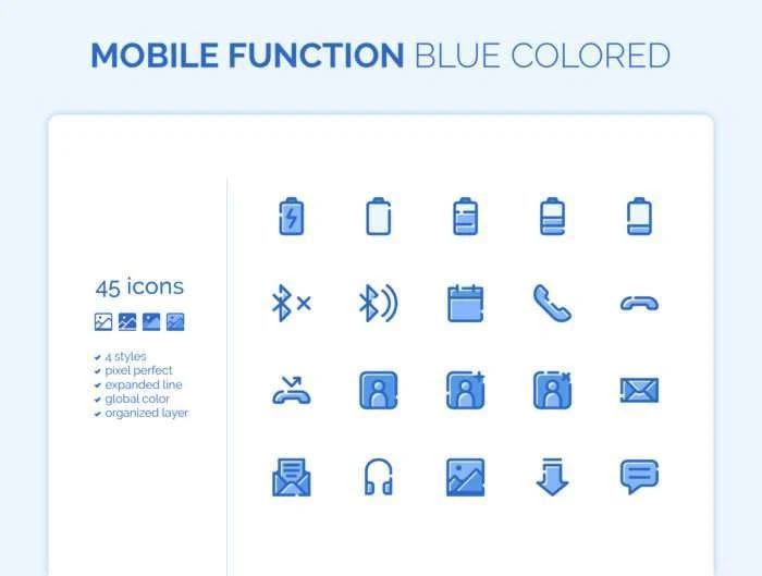 180 Mobile Functions Icons Blue Colored