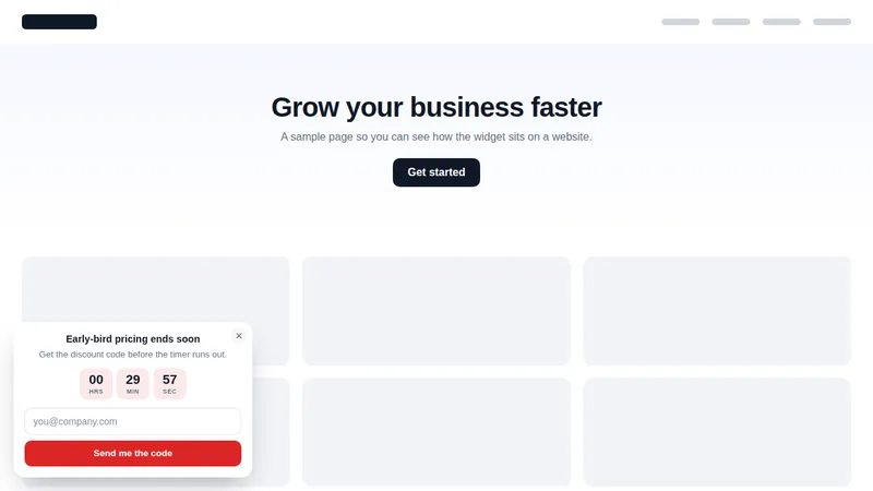 Early-bird countdown widget collecting email sign-ups on a sample website