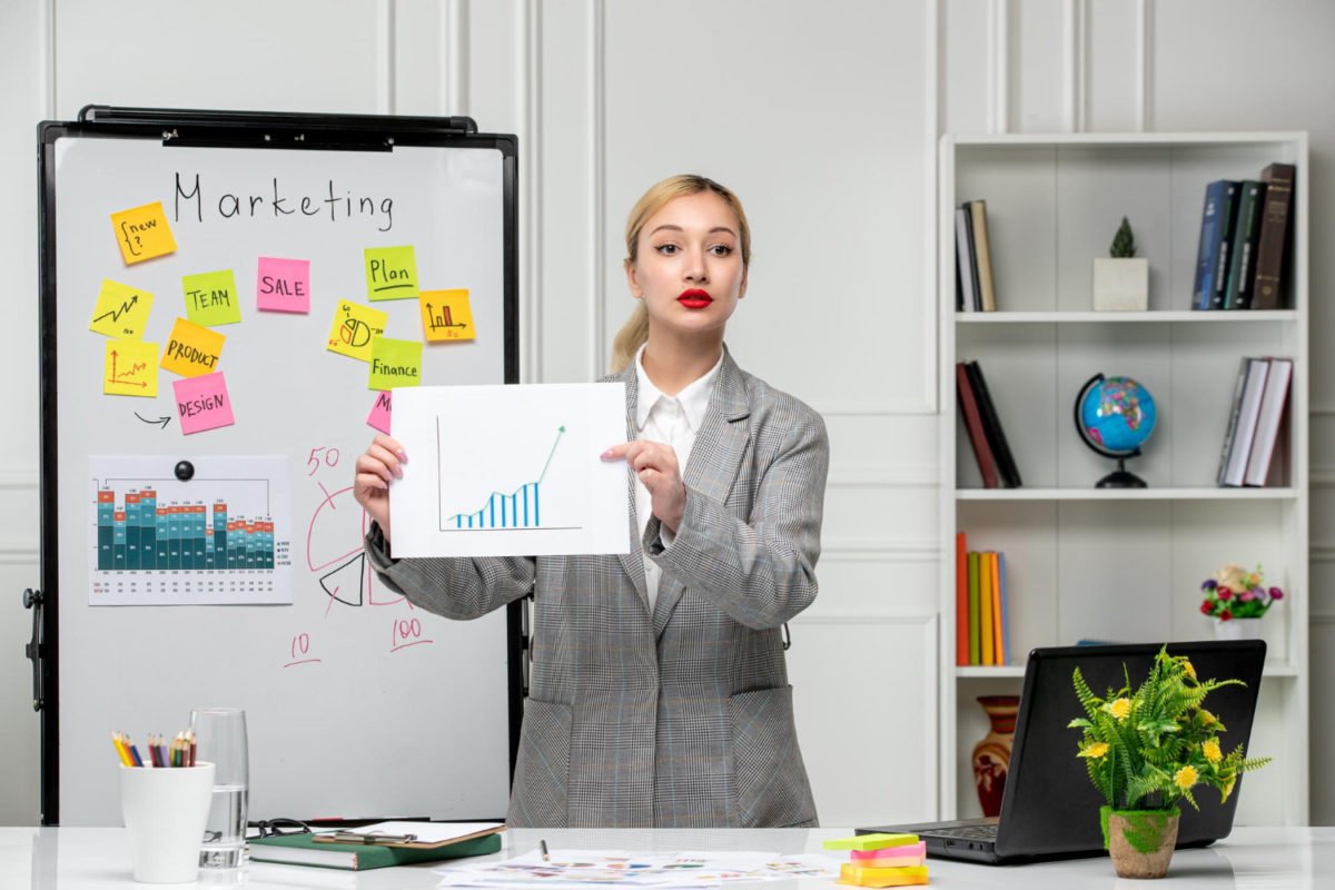 GHL Custom Dashboard - L1 - Red Color 12 marketing young pretty cute business lady grey blazer office showing statistics team