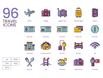 96 Travel Icons - Lilac Series